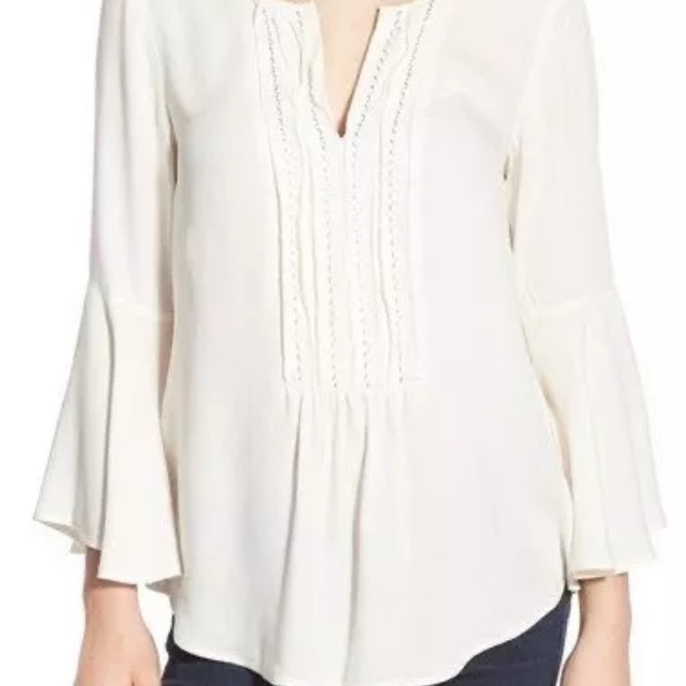 ELLA MOSS Ivory "Stella" Bell Sleeve Top Embroidered Pleated Bib Split Neck Smal